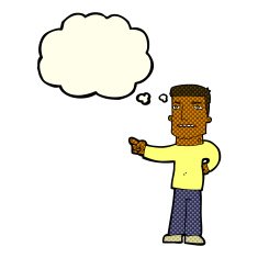 cartoon man pointing with thought bubble N92