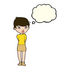 cartoon shy woman with thought bubble N25