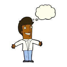 cartoon grining man with open arms thought bubble N6