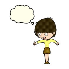 cartoon woman panicking with thought bubble N6