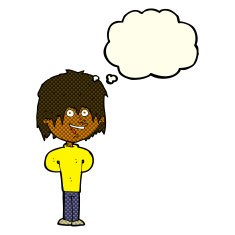 cartoon happy scruffy boy with thought bubble N5