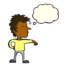 cartoon man making camp gesture with thought bubble N16