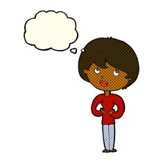 cartoon woman making Who Me? gesture with thought bubble N24