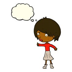 cartoon woman raising eyebrow with thought bubble N11