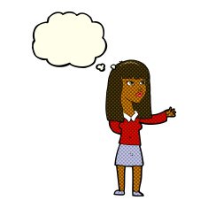 cartoon woman gesturing to show something with thought bubble N12