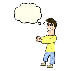 cartoon grinning man wearing glasses with thought bubble N6