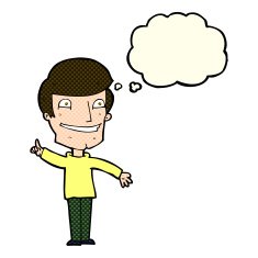 cartoon grinning man with idea thought bubble N6