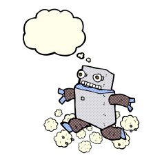 cartoon running robot with thought bubble N5