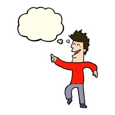 cartoon man pointing and laughing with thought bubble N17