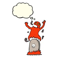 cartoon ghost rising from grave with thought bubble N12