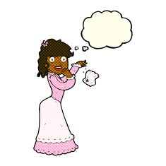 cartoon victorian woman dropping handkerchief with thought bubbl N6