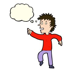 cartoon happy man pointing with thought bubble N32