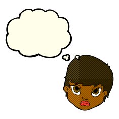 cartoon sulking woman with thought bubble N5