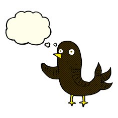 cartoon waving bird with thought bubble N11