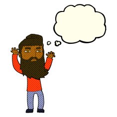 cartoon bearded man waving arms with thought bubble N5