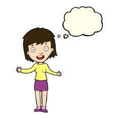 cartoon excited woman with thought bubble N75