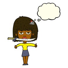cartoon woman with knife between teeth thought bubble N21
