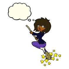 cartoon witch riding broomstick with thought bubble N11