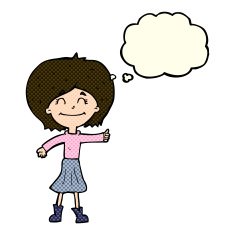 cartoon happy girl giving thumbs up symbol with thought bubble N6