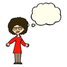 cartoon woman wearing glasses with thought bubble N11