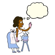 cartoon housewife washing up with thought bubble N6