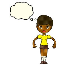 cartoon woman looking annoyed with thought bubble N5