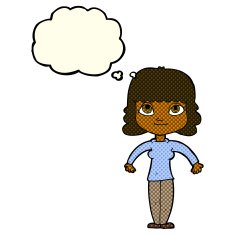 cartoon woman shrugging shoulders with thought bubble N255