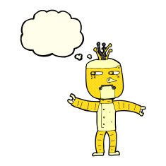 cartoon robot with thought bubble N82