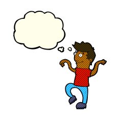 cartoon happy man doing funny dance with thought bubble N8