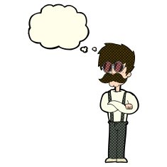 cartoon hipster man with mustache and spectacles thought bu N6