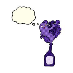 cartoon ghost in bottle with thought bubble N8