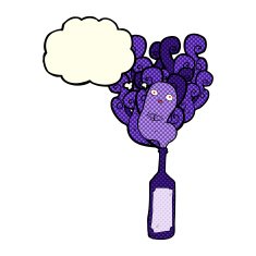 cartoon ghost in bottle with thought bubble N9
