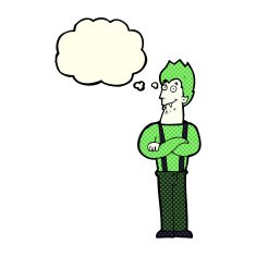 cartoon happy vampire with thought bubble N22