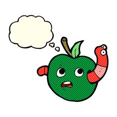 cartoon worm in apple with thought bubble N3