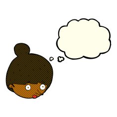 cartoon surprised woman's face with thought bubble N5