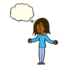 cartoon woman shrugging shoulders with thought bubble N257