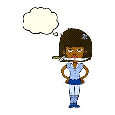 cartoon woman with knife between teeth thought bubble N22