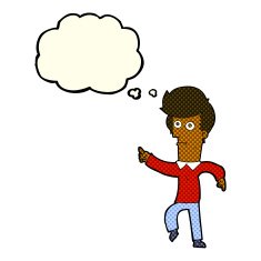 cartoon man pointing with thought bubble N96