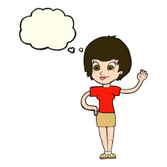 cartoon woman waving with thought bubble N182