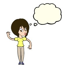 cartoon woman waving with thought bubble N183