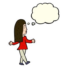 cartoon woman shrugging shoulders with thought bubble N259