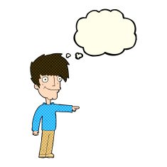 cartoon happy man pointing with thought bubble N34