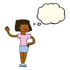 cartoon woman waving with thought bubble N188