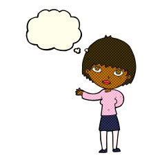 cartoon woman explaining with thought bubble N29