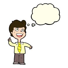 cartoon school boy raising hand with thought bubble N6