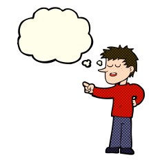 cartoon man pointing with thought bubble N98