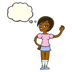 cartoon waving woman with thought bubble N76