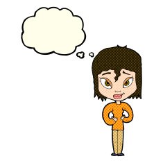 cartoon satisfied woman with thought bubble N6