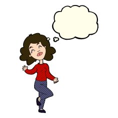 cartoon happy woman dancing with thought bubble N6