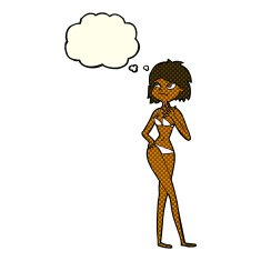 cartoon woman in bikini with thought bubble N33